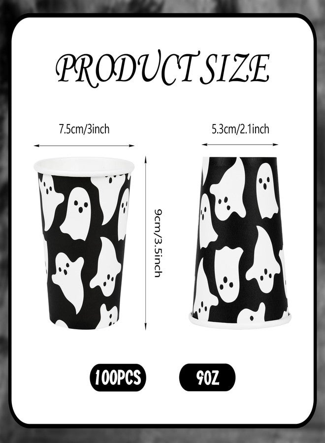 AimFun 100Pcs Halloween Ghost Paper Cups Ghost Spooky Party Cups Black White Boo 9oz Disposable Cold Hot Coffee Drinking Cups for Halloween Party Supplies Table Decor - Image 2